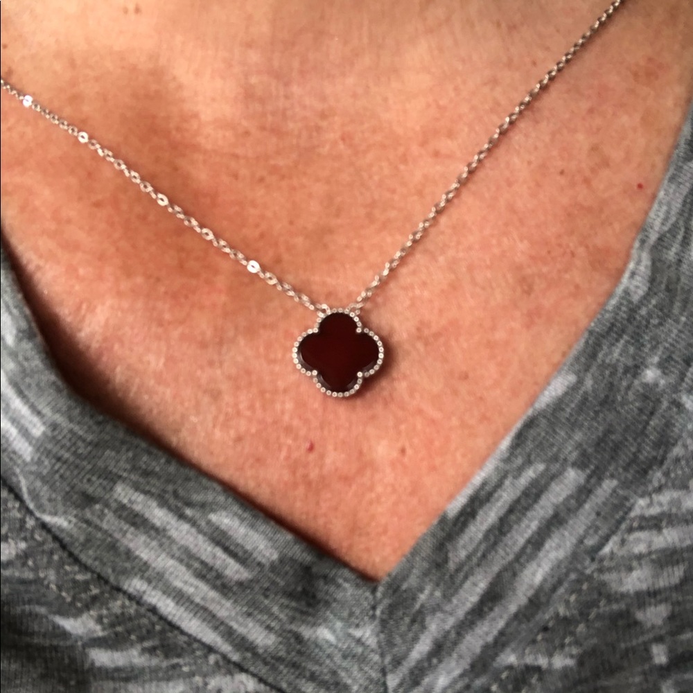 SILVER-TONE BLACK CLOVER NECKLACE - Picture 2 of 10